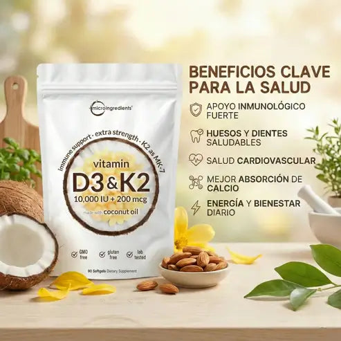 MicroIngredients® Vitamina D3+K2 Complex | Revitaliza tu Cuerpo (Suministro para 3 Meses 90 capsulas Softgel)
